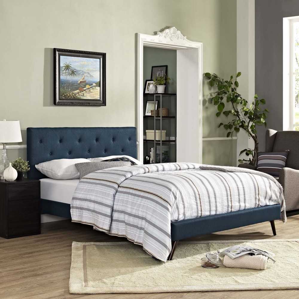 Tarah King Fabric Platform Bed with Round Splayed Legs, Azure