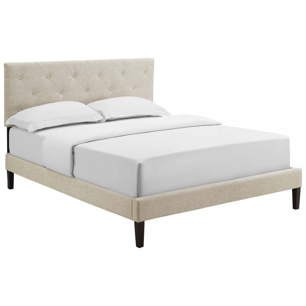 Tarah King Fabric Platform Bed with Squared Tapered Legs, Beige