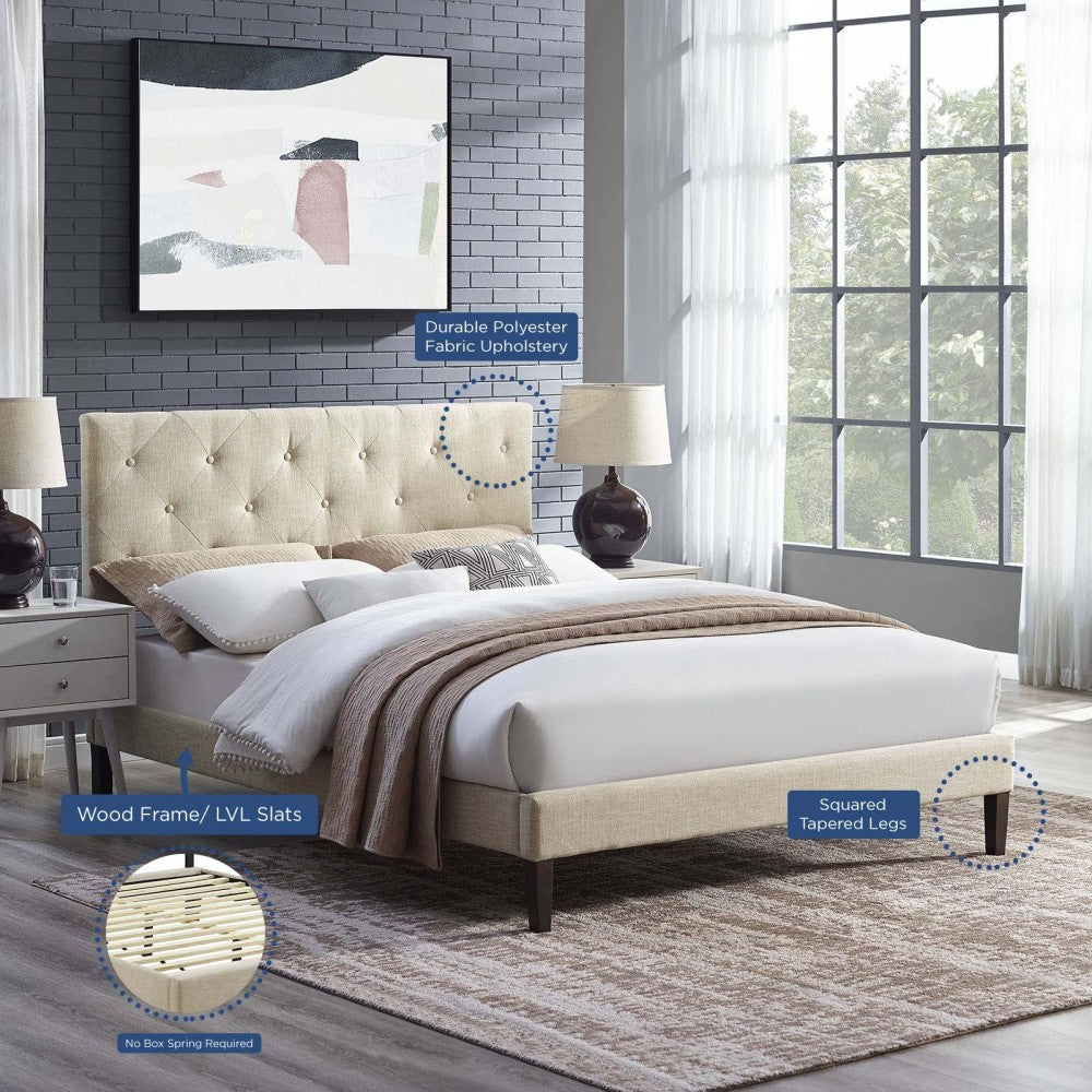 Tarah King Fabric Platform Bed with Squared Tapered Legs, Beige