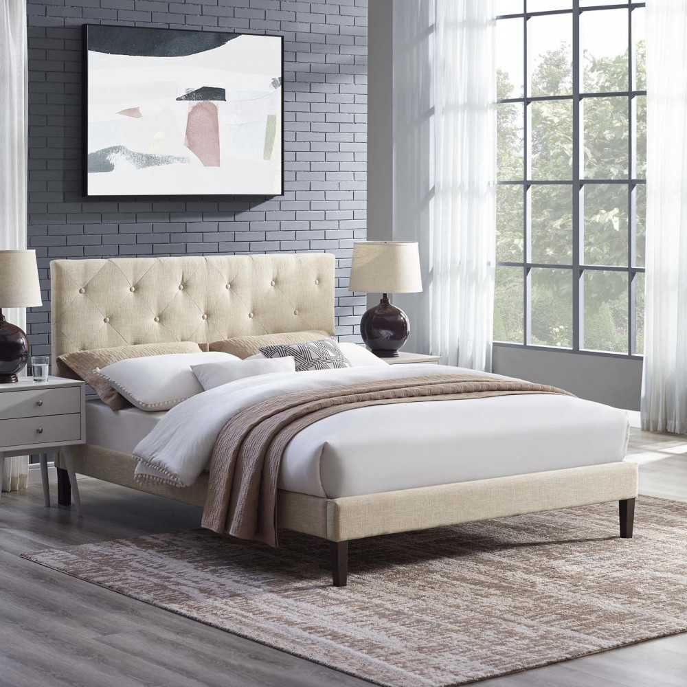 Tarah King Fabric Platform Bed with Squared Tapered Legs, Beige