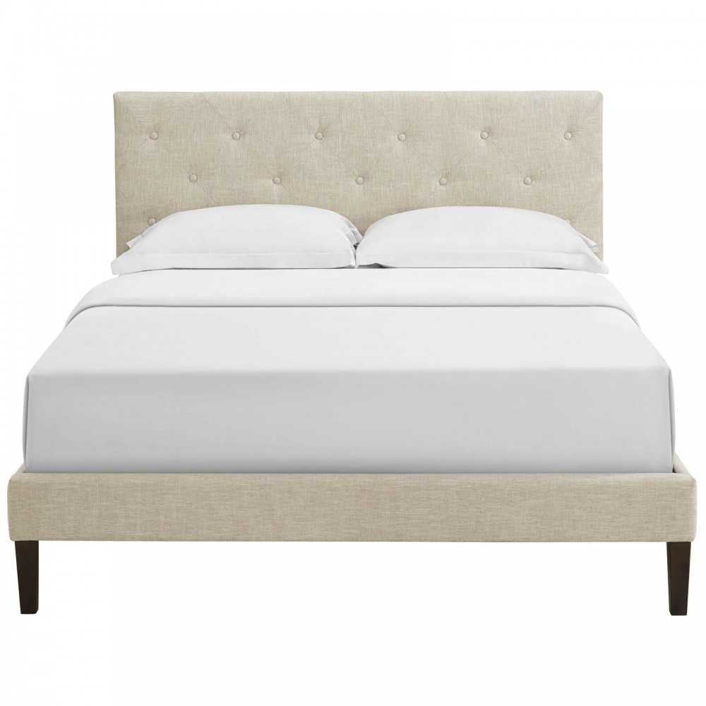 Tarah King Fabric Platform Bed with Squared Tapered Legs, Beige