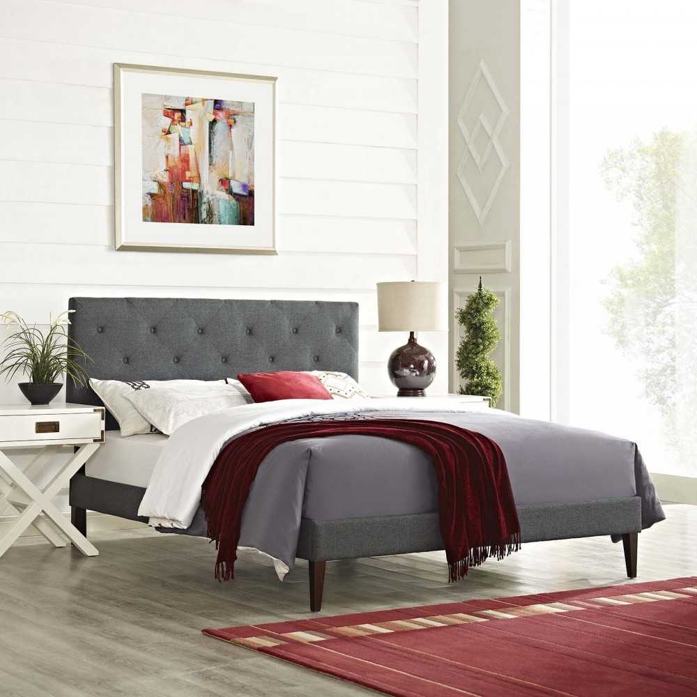 Tarah King Fabric Platform Bed with Squared Tapered Legs, Gray