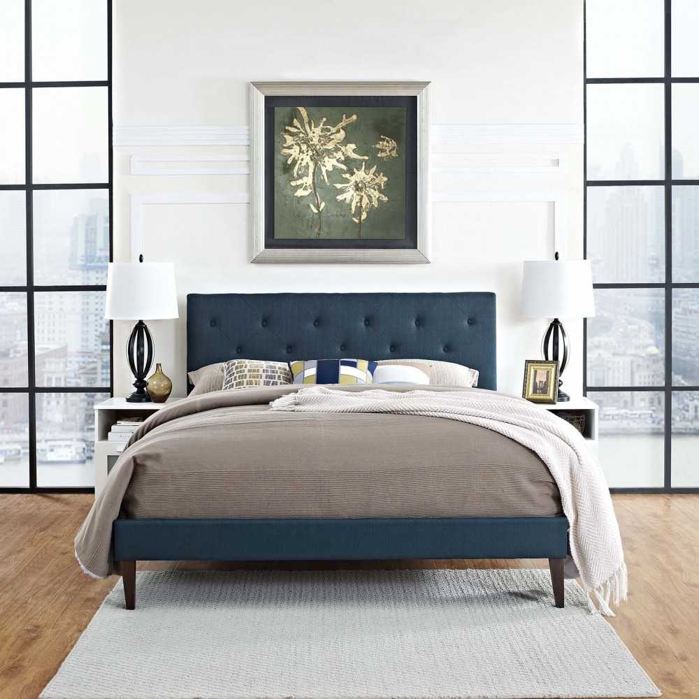 Tarah King Fabric Platform Bed with Squared Tapered Legs, Azure