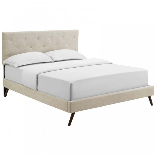 Tarah Queen Fabric Platform Bed with Round Splayed Legs, Beige