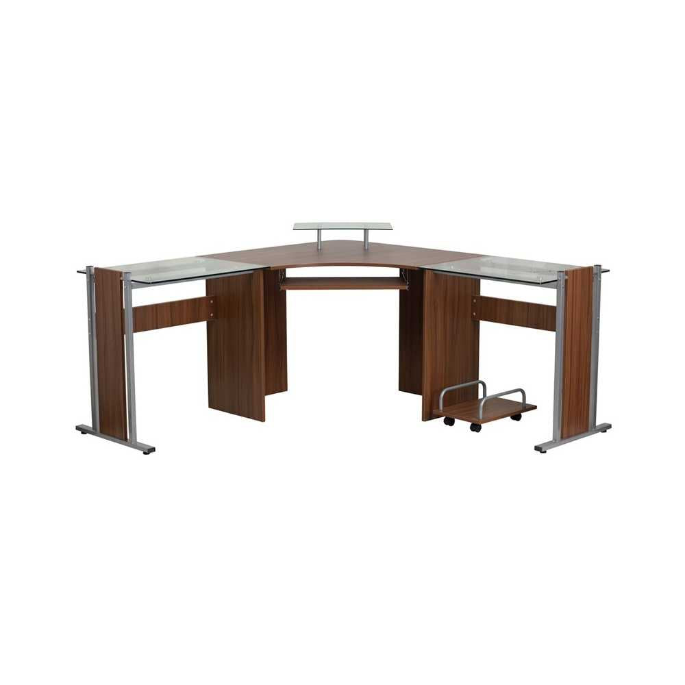 Teakwood Laminate Corner Desk with Pull-Out Keyboard Tray and CPU Cart