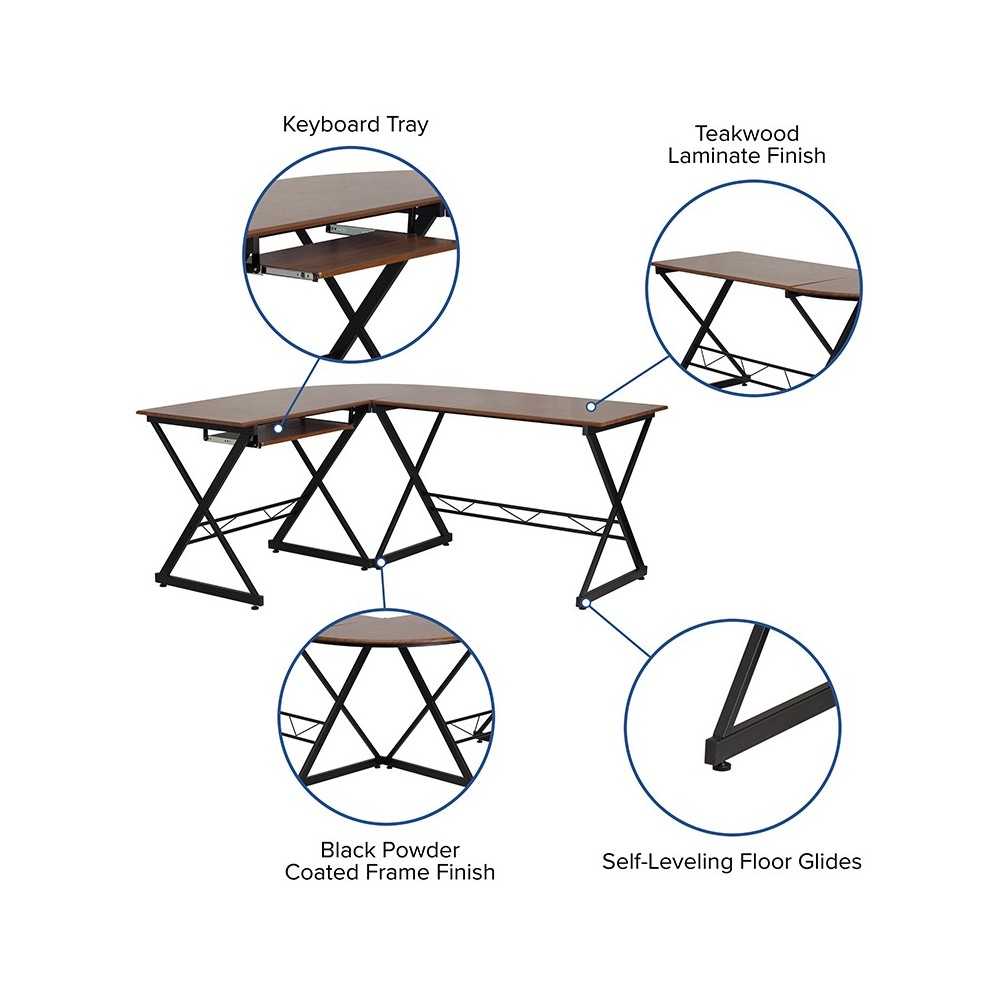 Teakwood Laminate L-Shape Computer Desk with Pull-Out Keyboard Tray