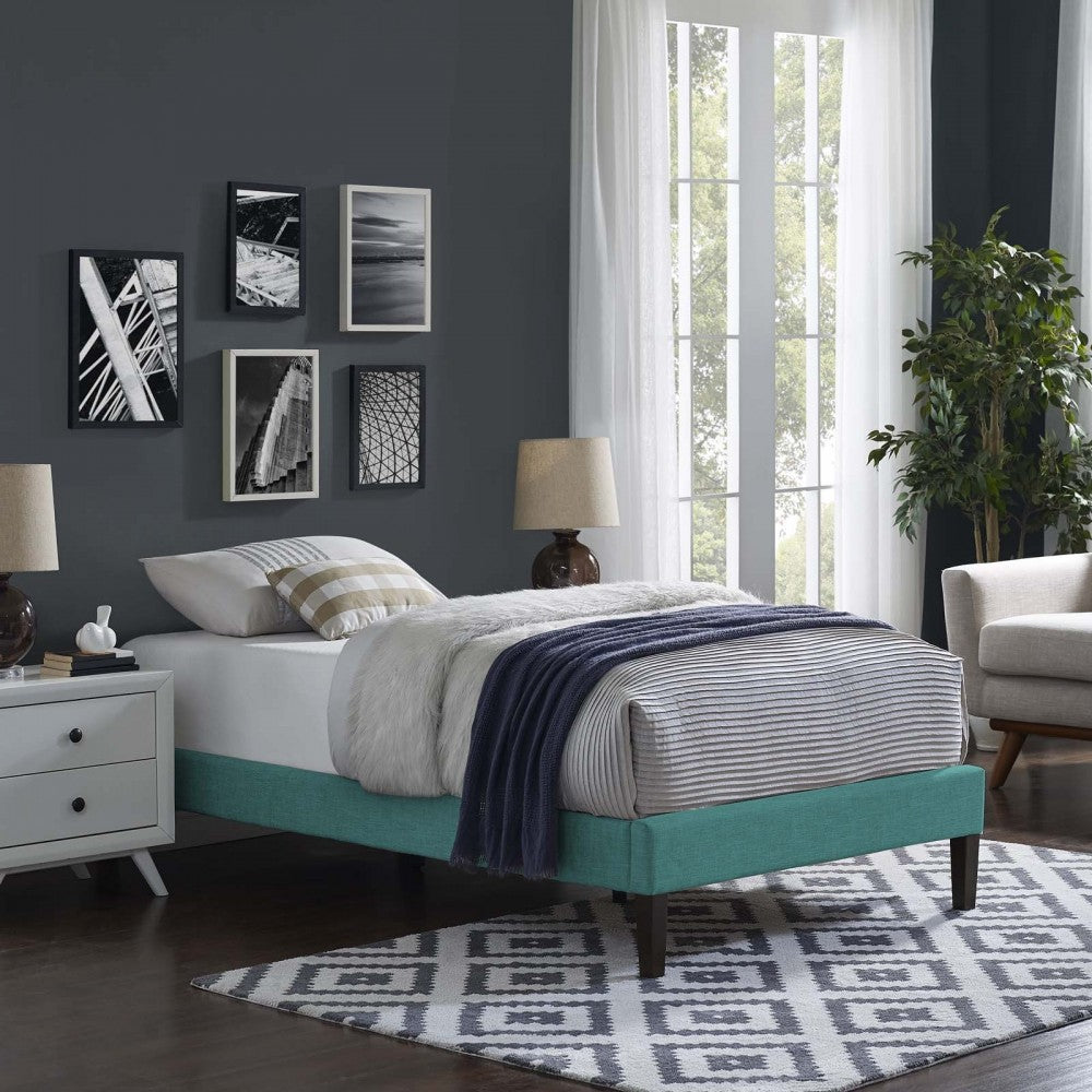 Tessie Twin Fabric Bed Frame with Squared Tapered Legs, Teal