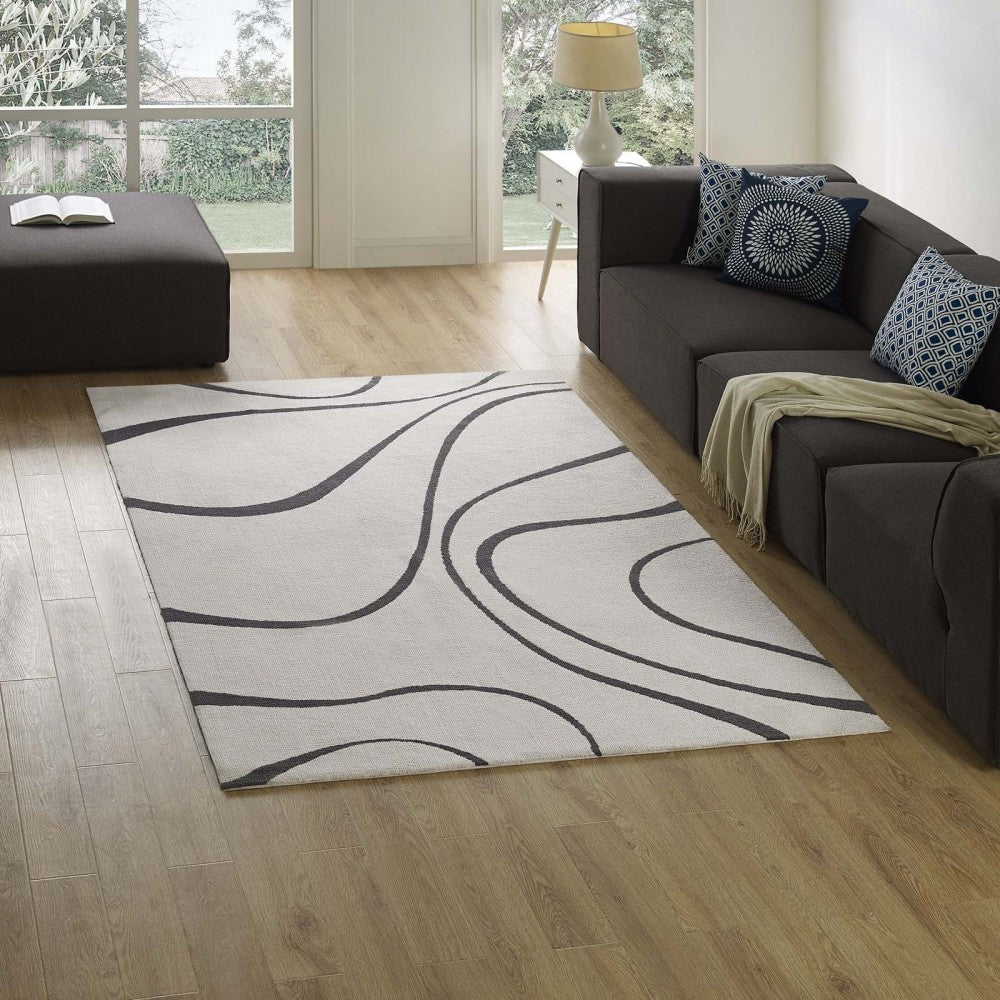 Therese Abstract Swirl 5x8 Area Rug, Ivory and Charcoal