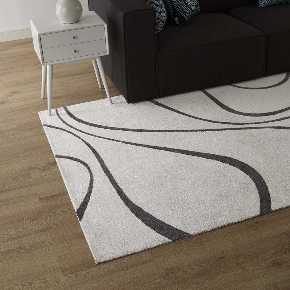 Therese Abstract Swirl 5x8 Area Rug, Ivory and Charcoal