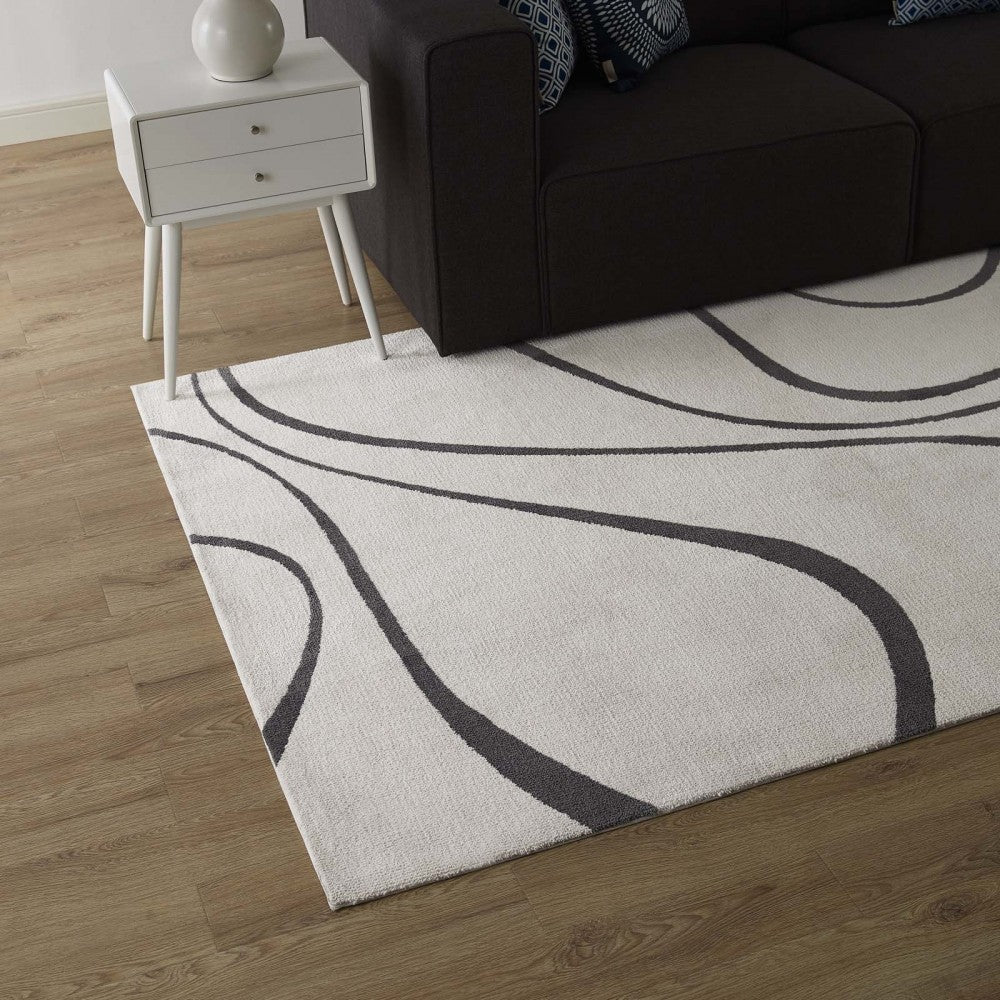 Therese Abstract Swirl 8x10 Area Rug, Ivory and Charcoal