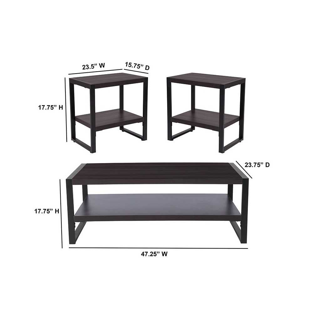 Thompson Collection 3 Piece Coffee and End Table Set with Raised Shelves in Charcoal Wood Grain Finish