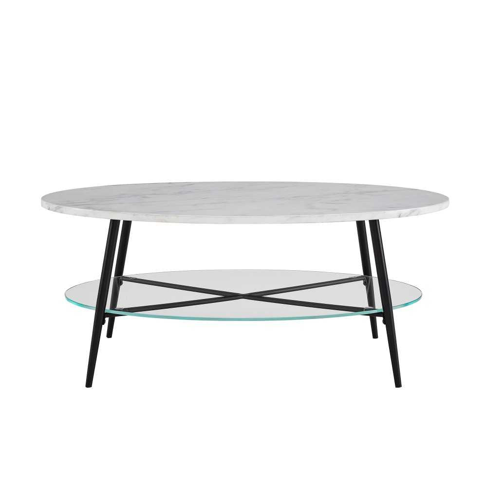 Tilly 42" Oval Faux Marble and Glass Coffee Table - Faux White Marble/Black