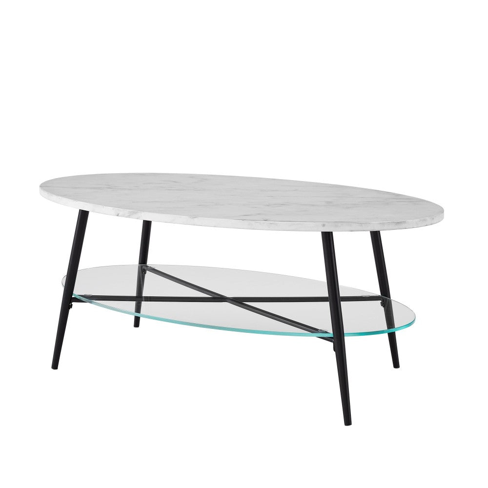 Tilly 42" Oval Faux Marble and Glass Coffee Table - Faux White Marble/Black