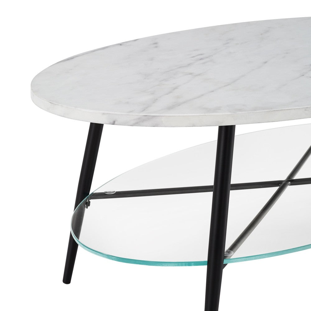 Tilly 42" Oval Faux Marble and Glass Coffee Table - Faux White Marble/Black