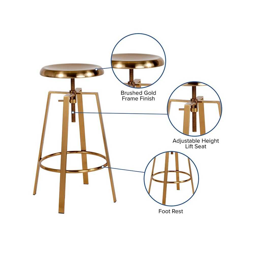 Toledo Industrial Style Barstool with Swivel Lift Adjustable Height Seat in Gold Finish