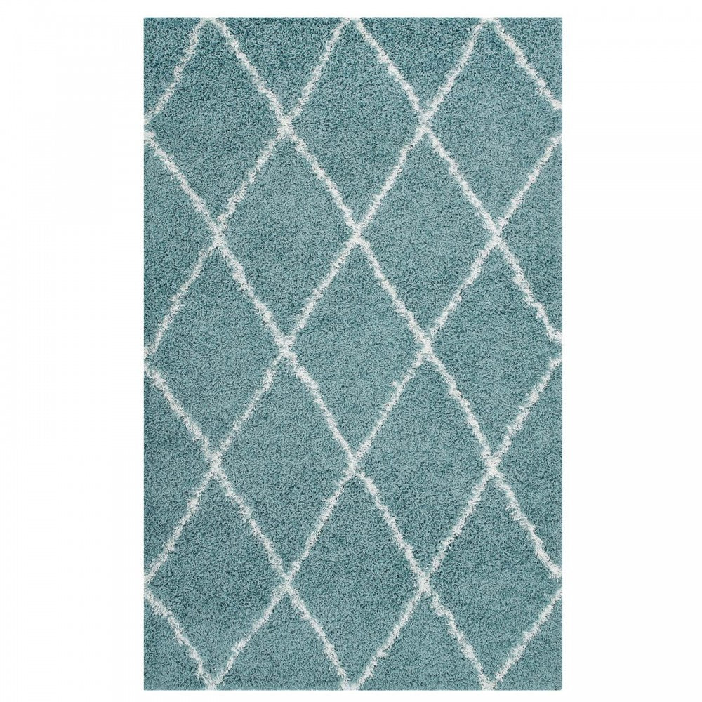 Toryn Diamond Lattice 5x8 Shag Area Rug, Aqua Blue and Ivory