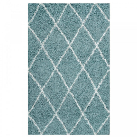 Toryn Diamond Lattice 5x8 Shag Area Rug, Aqua Blue and Ivory
