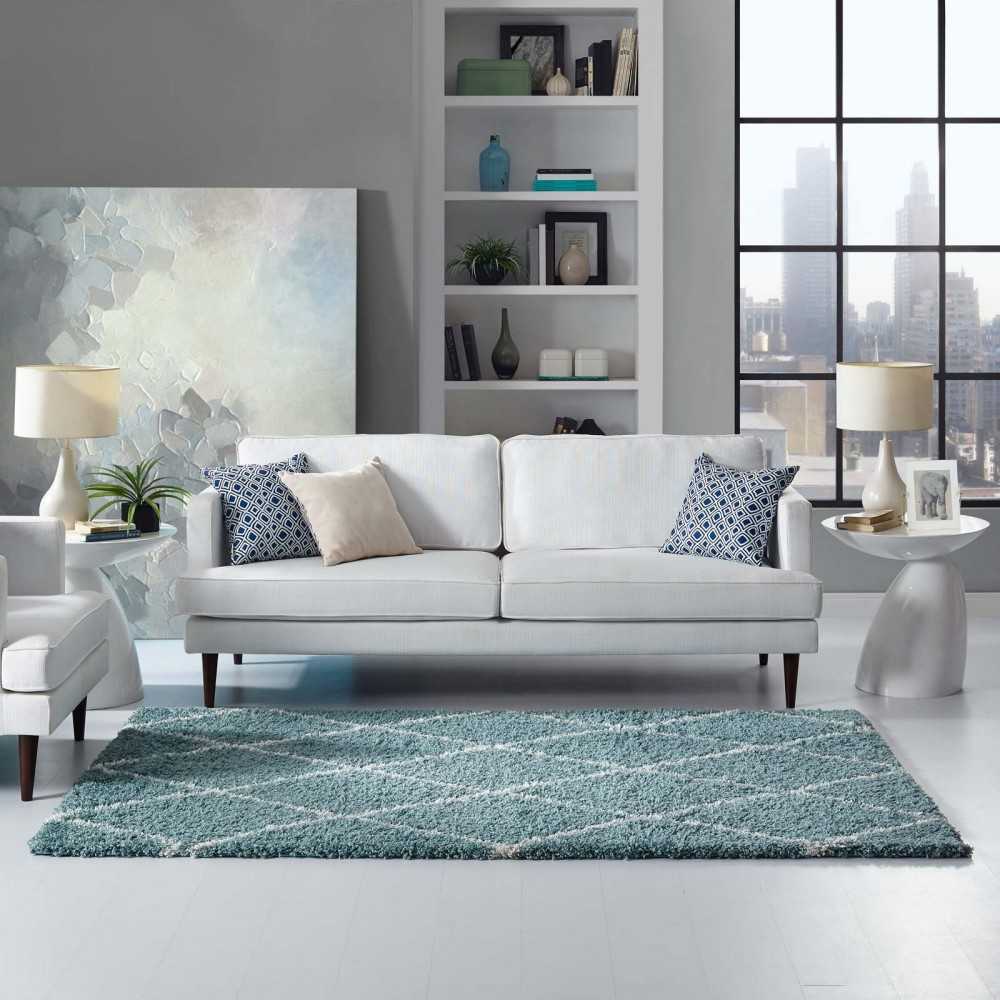 Toryn Diamond Lattice 5x8 Shag Area Rug, Aqua Blue and Ivory