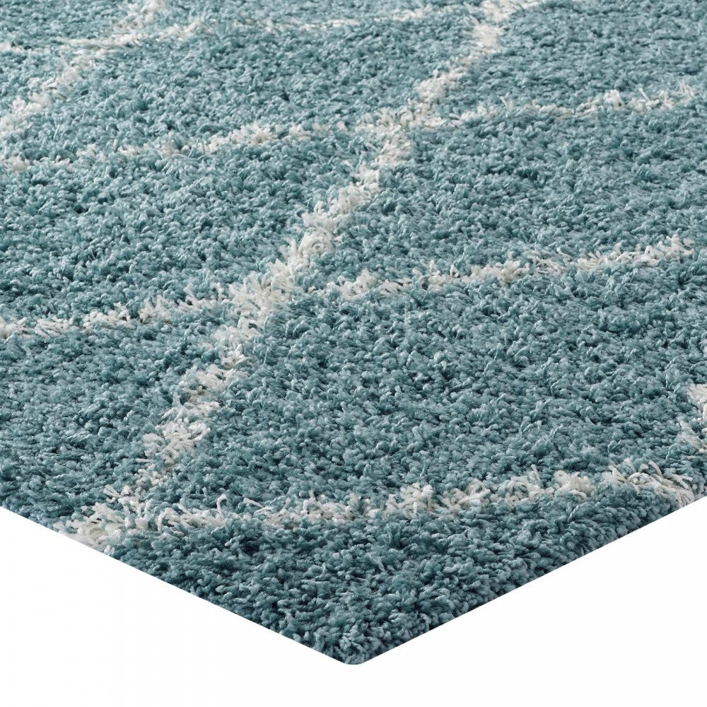 Toryn Diamond Lattice 5x8 Shag Area Rug, Aqua Blue and Ivory