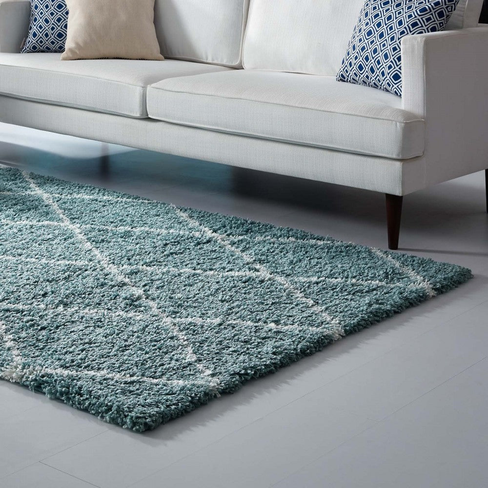 Toryn Diamond Lattice 5x8 Shag Area Rug, Aqua Blue and Ivory