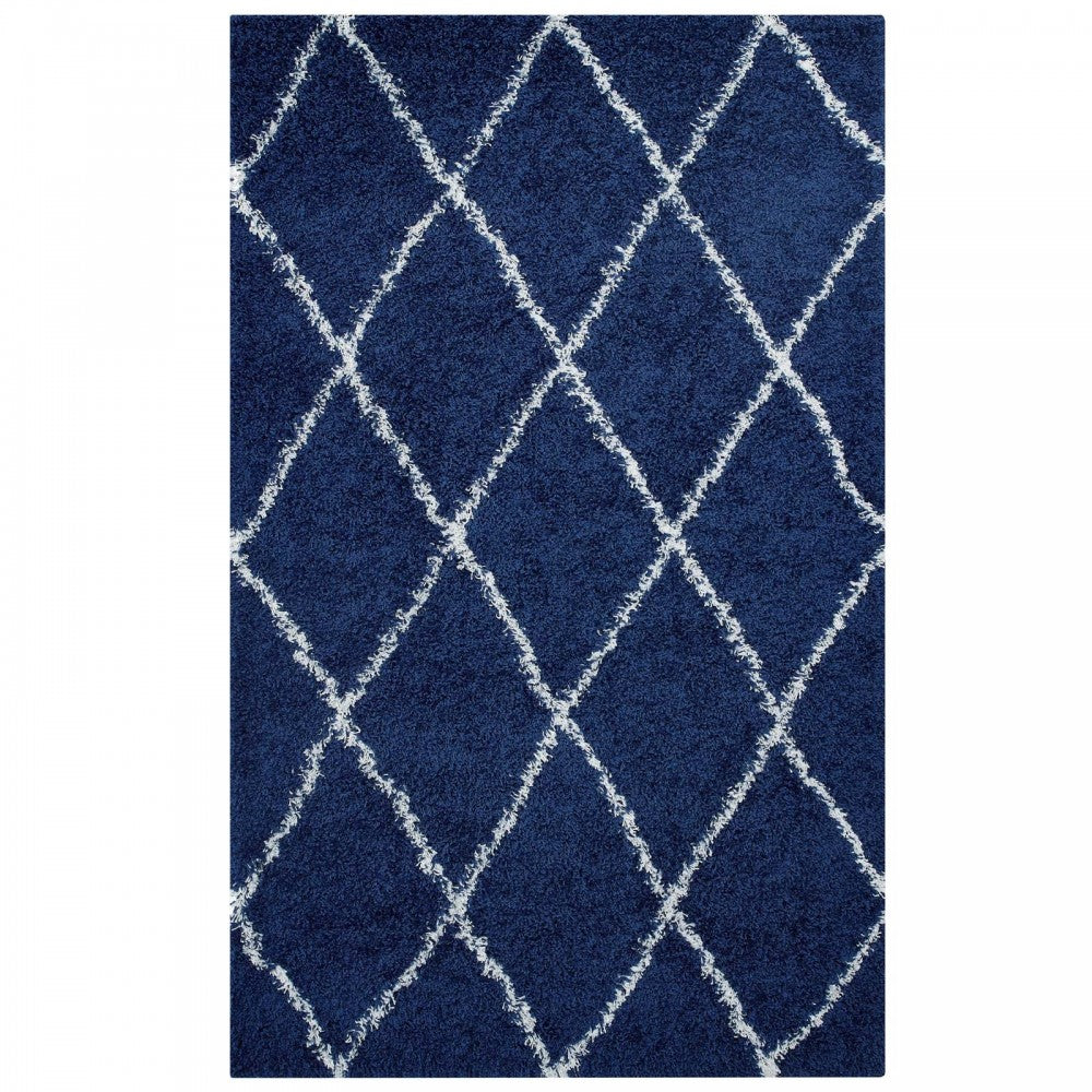 Toryn Diamond Lattice 5x8 Shag Area Rug, Navy and Ivory