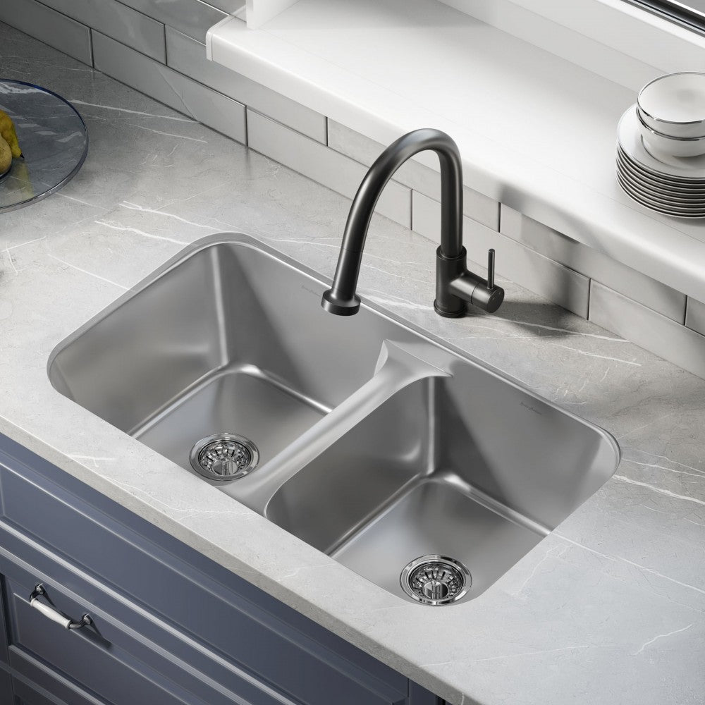 Toulouse 32x19 Low Divide Stainless Steel, Dual Basin, Under-Mount Kitchen Sink