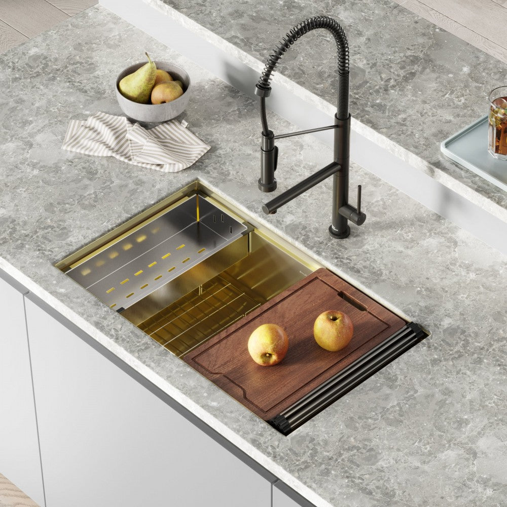 Tourner 32 x 19 Stainless Steel, Undermount Kitchen Workstation Sink in Gold