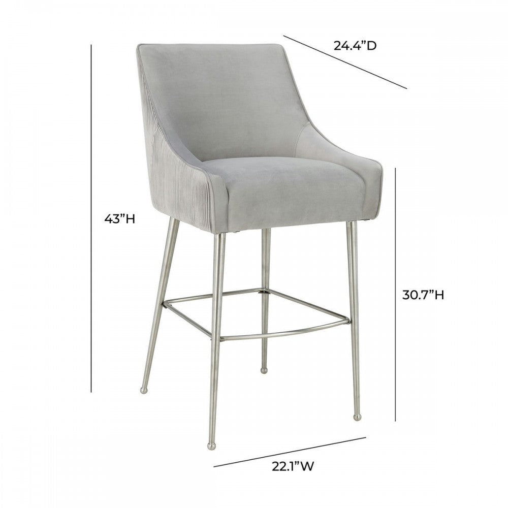 TOV Furniture Beatrix Pleated Light Gray Velvet Bar Stool