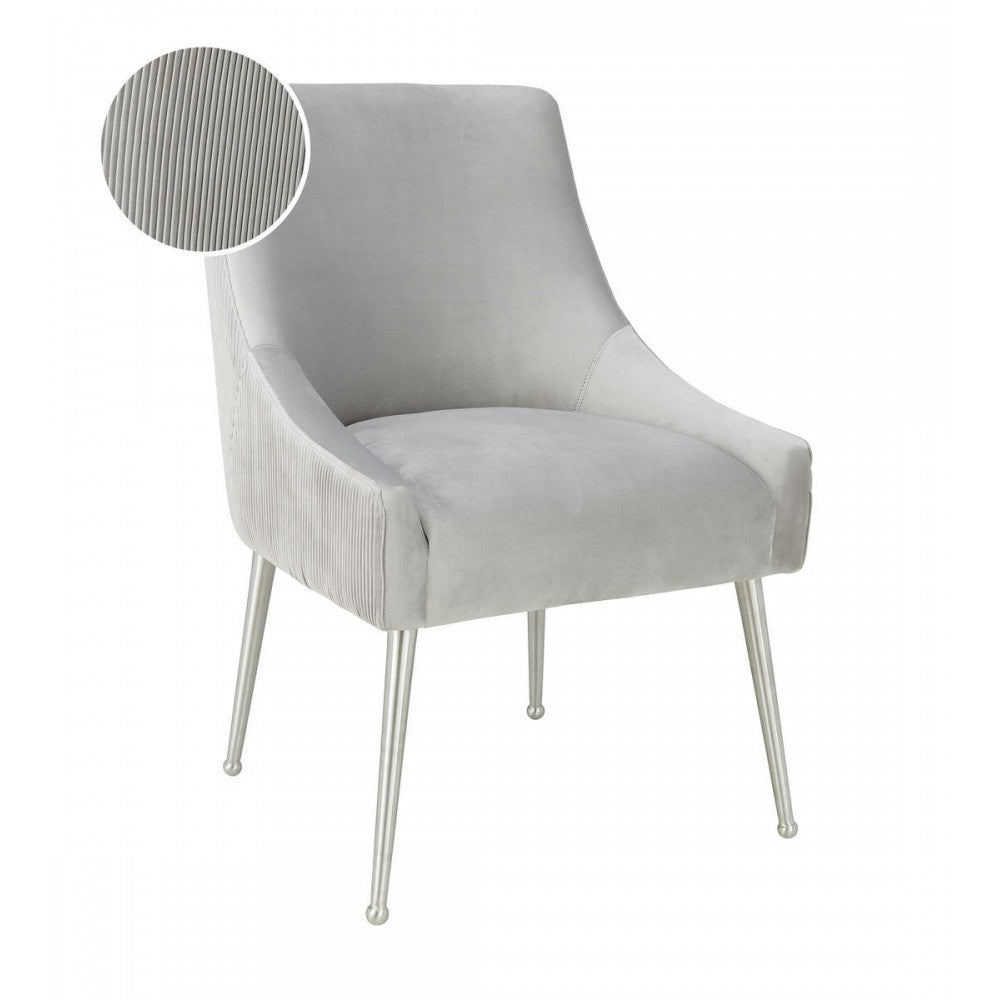 TOV Furniture Beatrix Pleated Light Gray Velvet Side Chair - Silver Legs