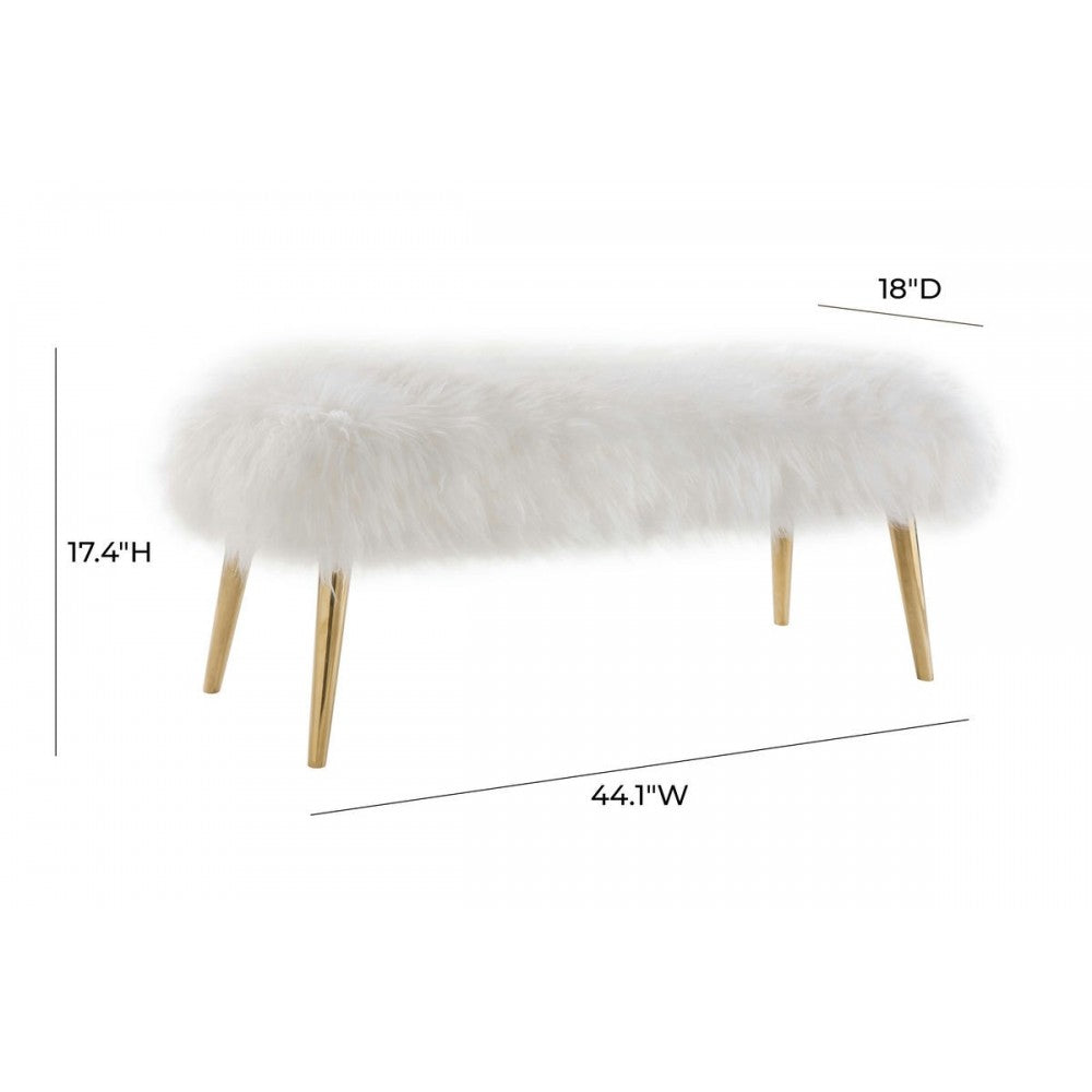 TOV Furniture Churra White Sheepskin Bench with Gold Legs