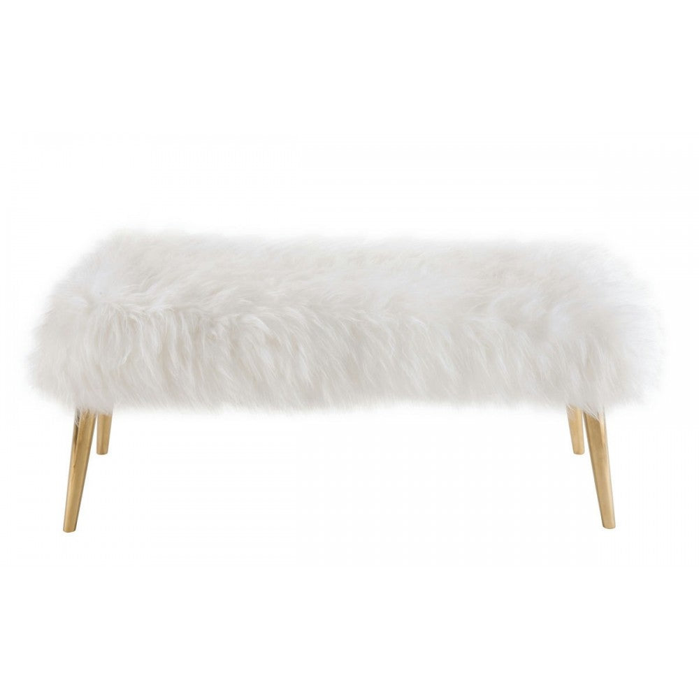 TOV Furniture Churra White Sheepskin Bench with Gold Legs