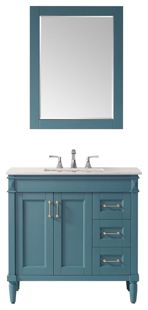 36" Vanity in Royal Green with Carrara White Marble Countertop With Mirror