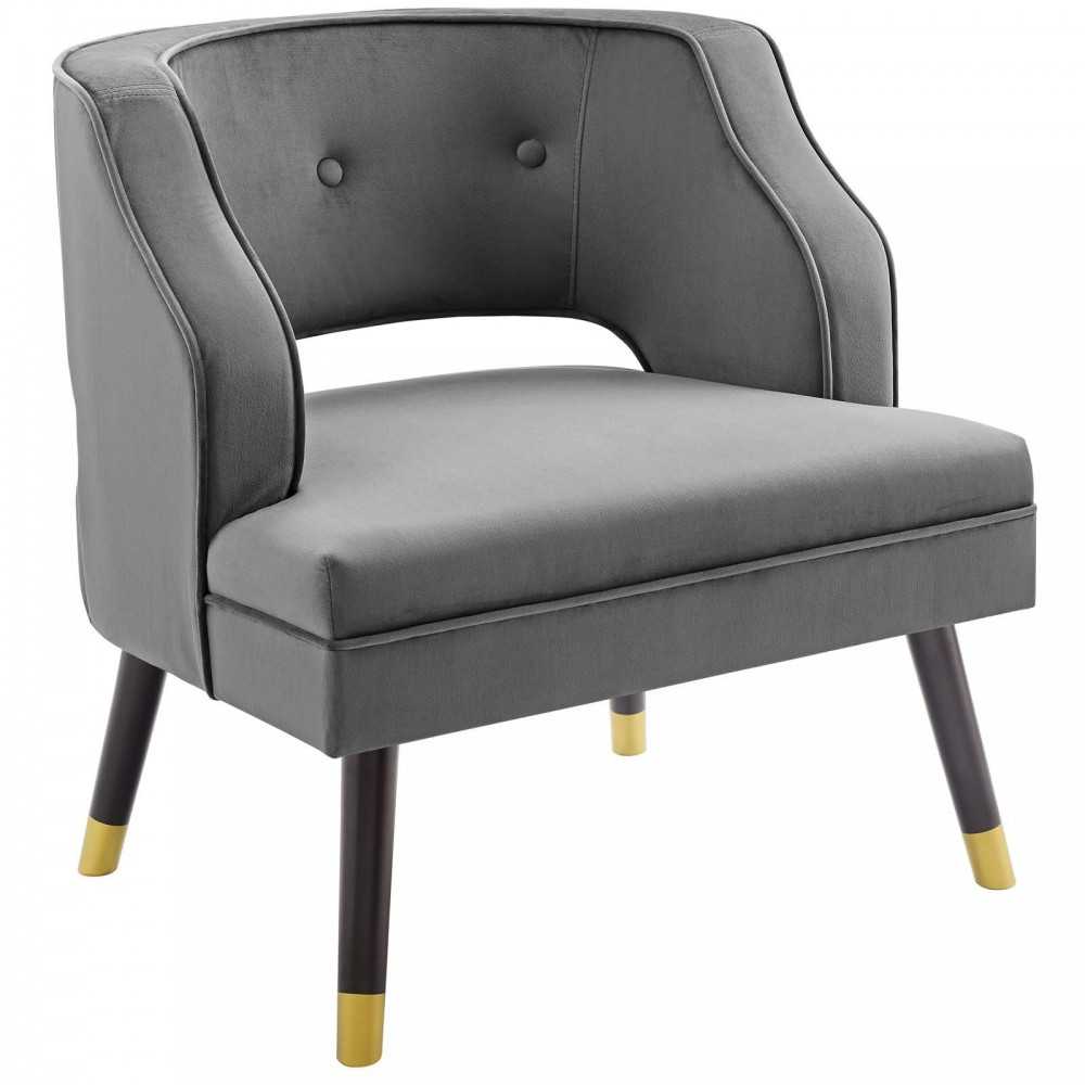 Traipse Button Tufted Open Back Performance Velvet Armchair, Gray