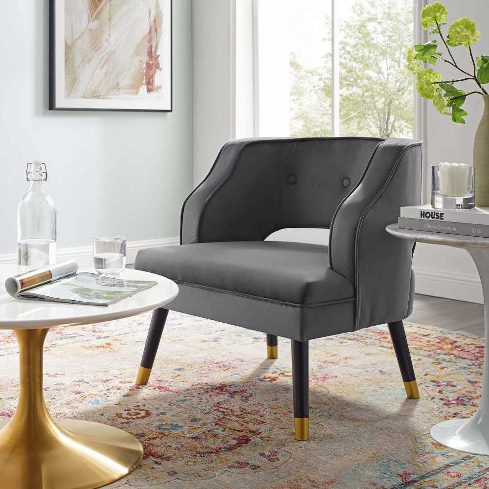Traipse Button Tufted Open Back Performance Velvet Armchair, Gray