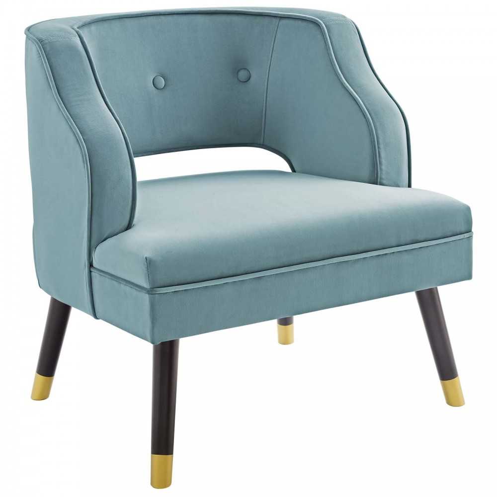 Traipse Button Tufted Open Back Performance Velvet Armchair, Light Blue