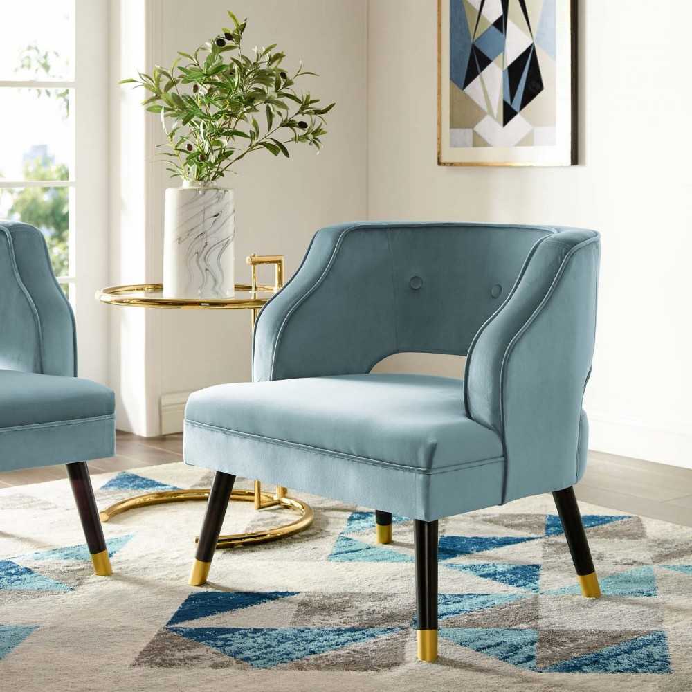Traipse Button Tufted Open Back Performance Velvet Armchair, Light Blue