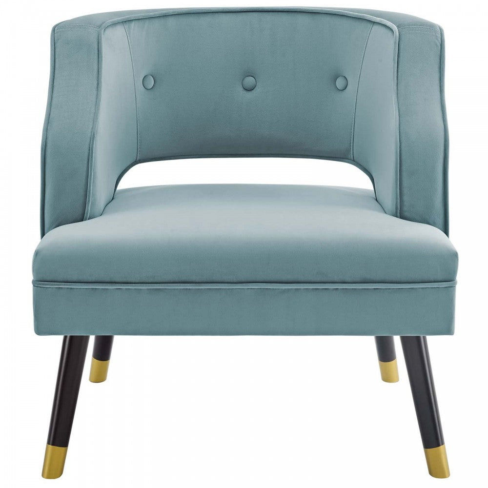 Traipse Button Tufted Open Back Performance Velvet Armchair, Light Blue