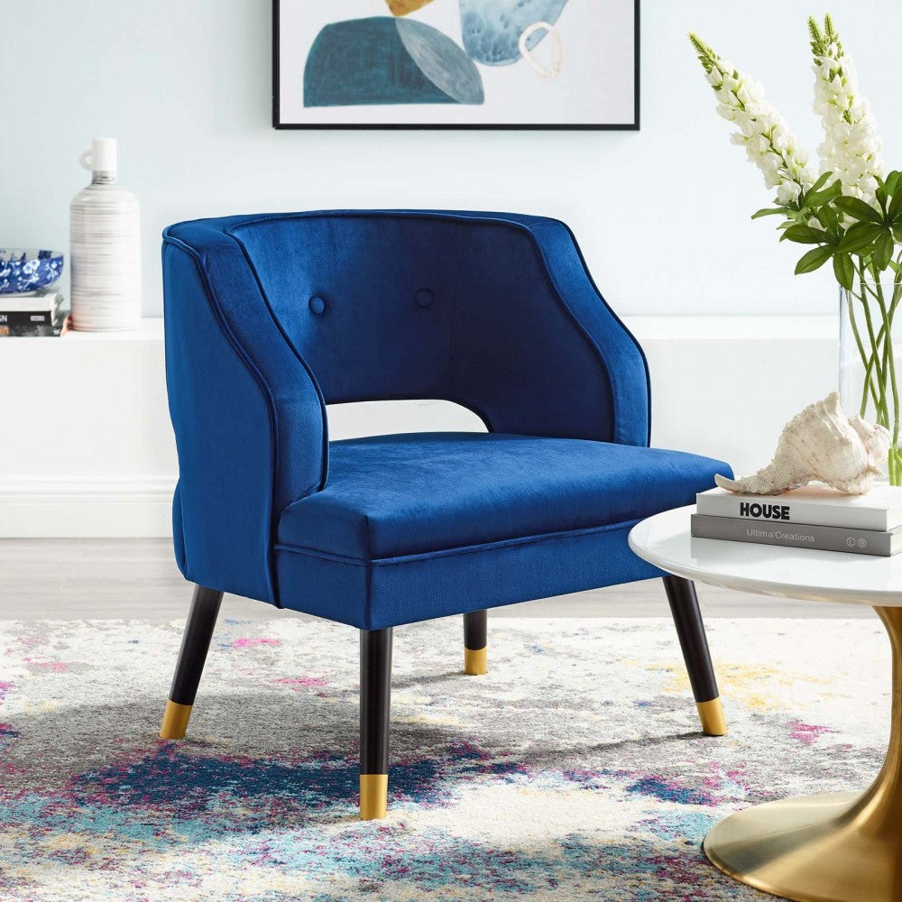 Traipse Button Tufted Open Back Performance Velvet Armchair, Navy