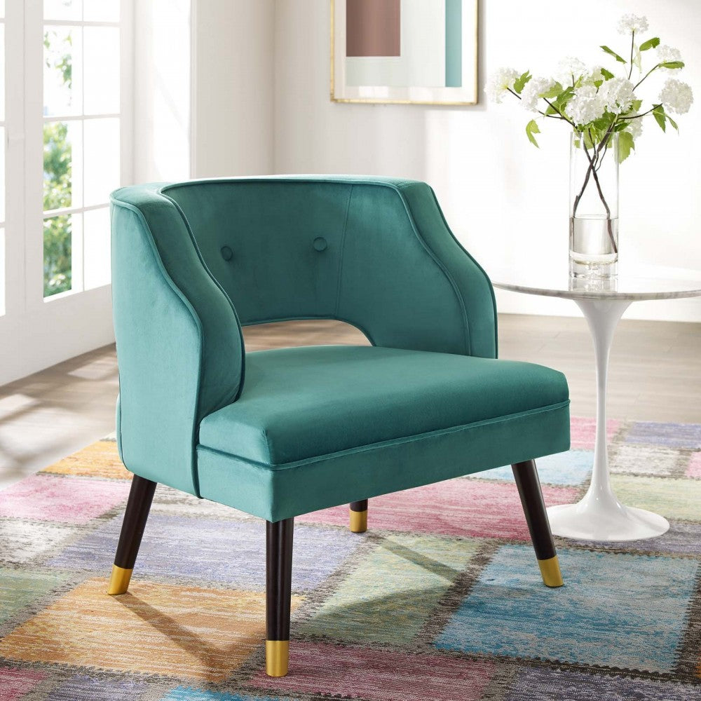 Traipse Button Tufted Open Back Performance Velvet Armchair, Teal