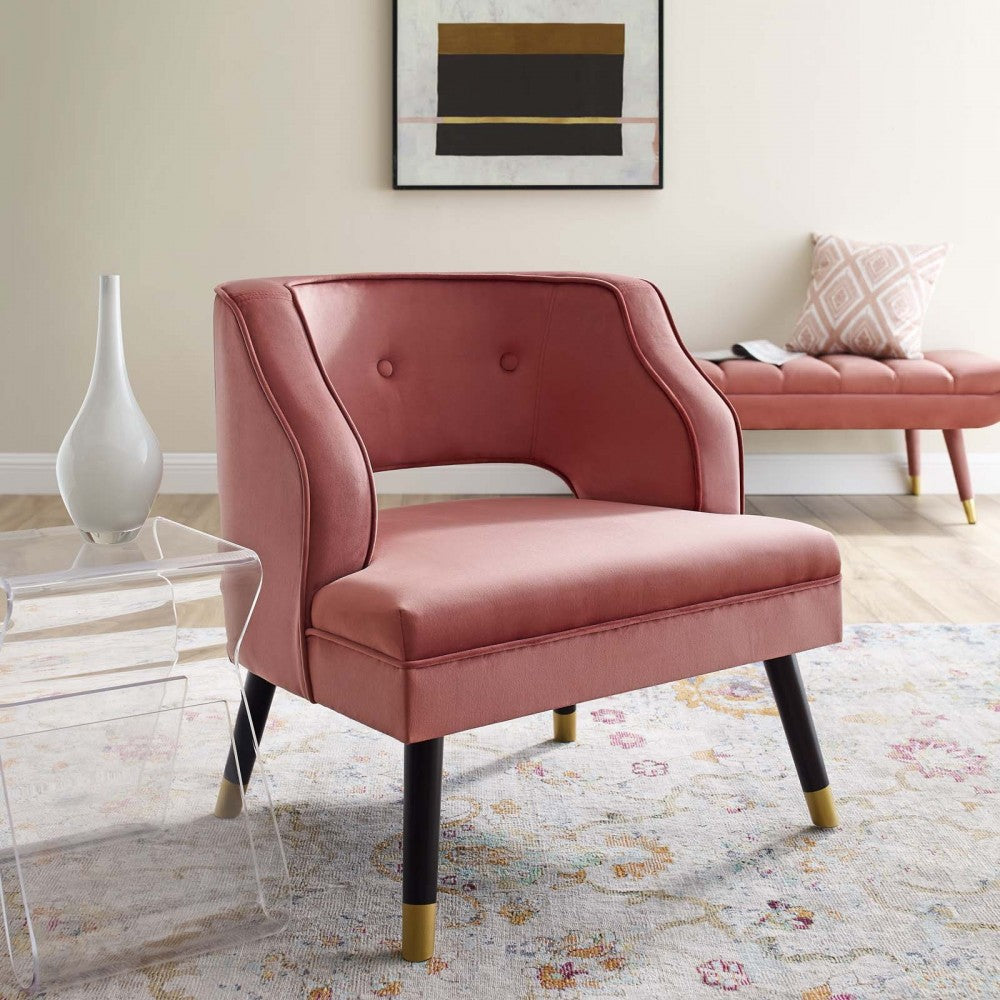Traipse Button Tufted Open Back Performance Velvet Armchair, Dusty Rose