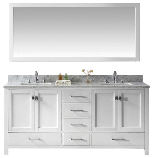 Caroline Avenue 72" Double Vanity White, Marble Top, Square Sink, Mirror