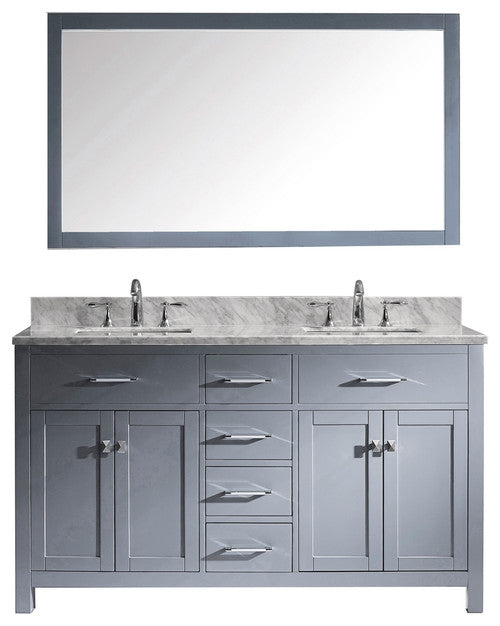 Caroline 60" Double Bathroom Vanity, Marble Top, Square Sink, Faucet, Mirror