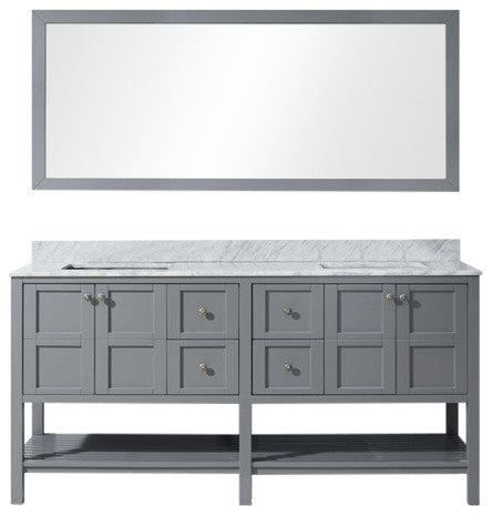 Virtu Winterfell 72" Double Bathroom Vanity, Gray With Marble Top, With Mirror