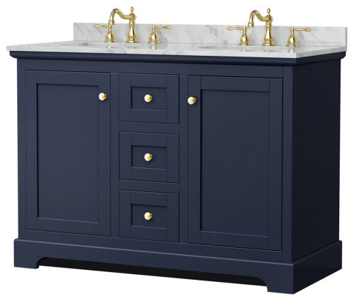48" Double Vanity in Dark Blue, White Carrara Marble Countertop, UM Oval Sinks