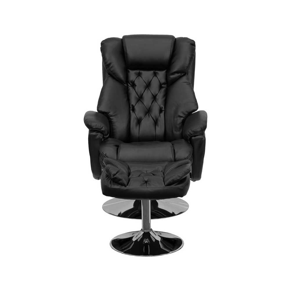 Transitional Multi-Position Recliner and Ottoman with Chrome Base in Black LeatherSoft