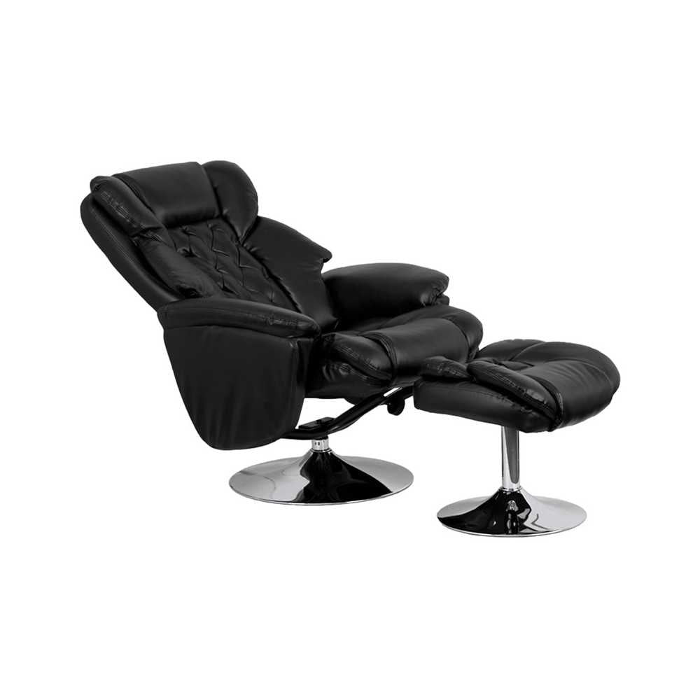 Transitional Multi-Position Recliner and Ottoman with Chrome Base in Black LeatherSoft