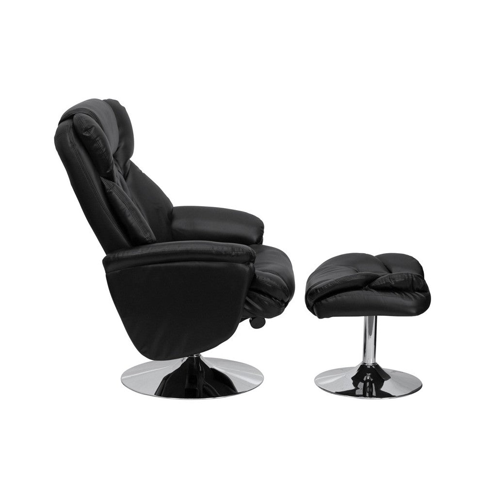 Transitional Multi-Position Recliner and Ottoman with Chrome Base in Black LeatherSoft