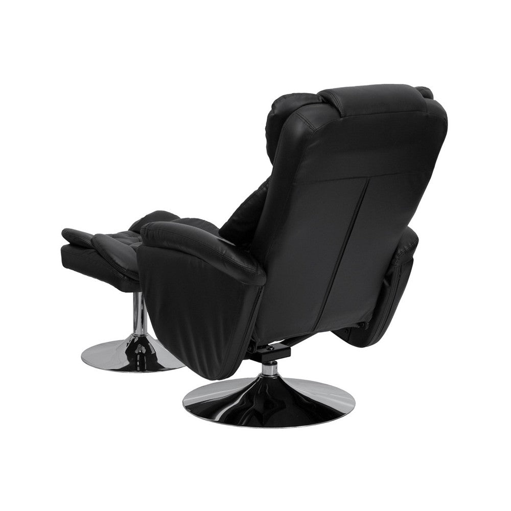Transitional Multi-Position Recliner and Ottoman with Chrome Base in Black LeatherSoft