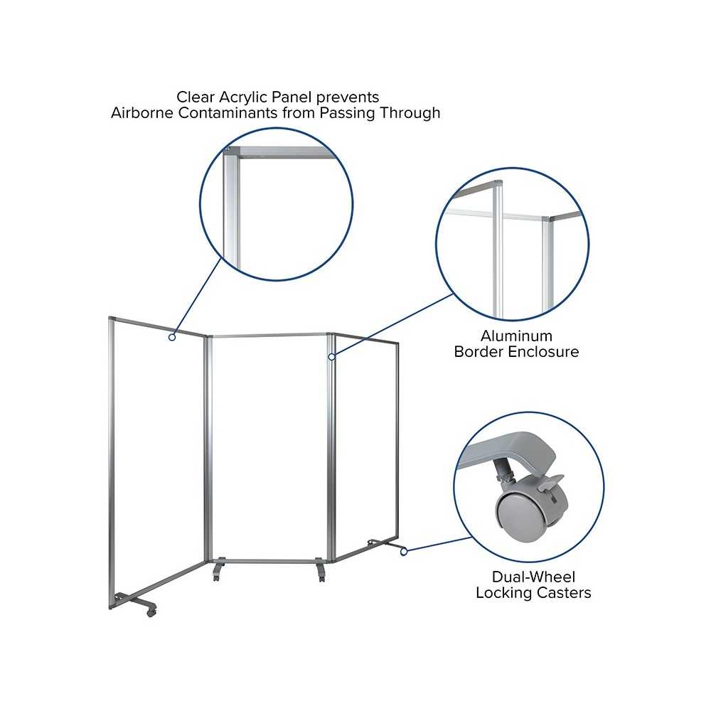 Transparent Acrylic Mobile Partition with Lockable Casters, 72"H x 36"L (3 Sections Included)