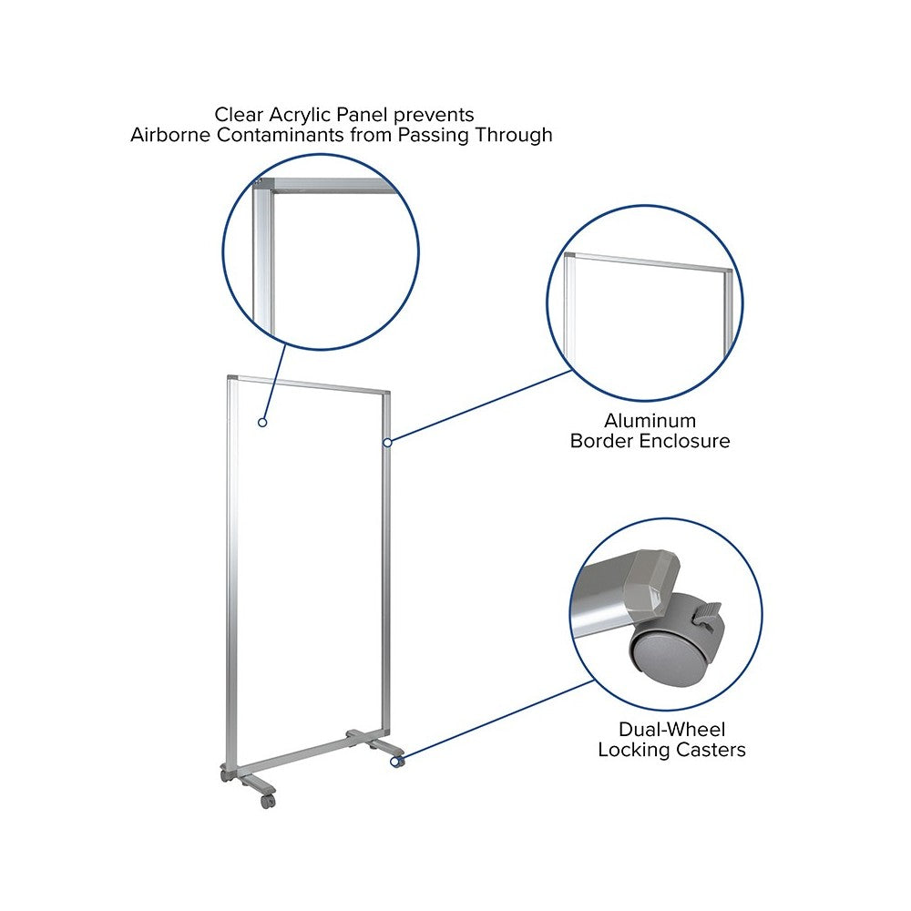 Transparent Acrylic Mobile Partition with Lockable Casters, 72"H x 36"L